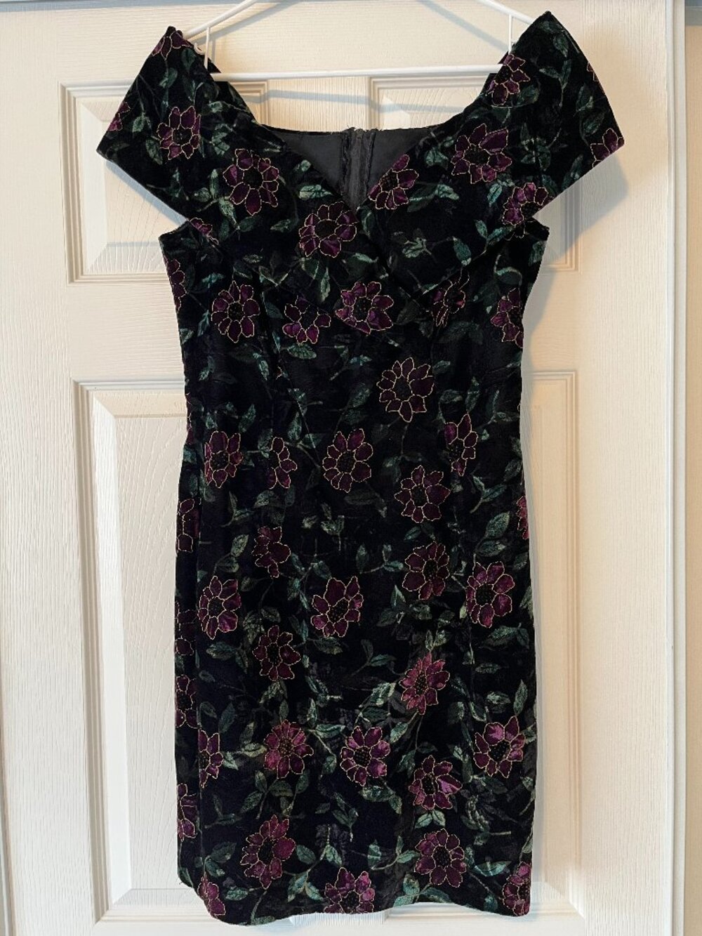 Vintage 90s Velvet Burnout Floral Midi Dress Off Shoulder Whimsigoth Grunge S/M